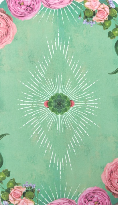 Back of The Muse Tarot card - seafoam green bass with rim of pink flowers